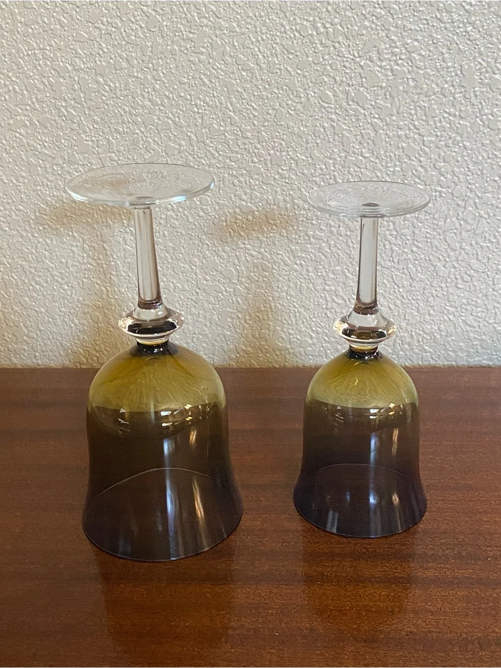Rare Pair Vtg Ombre Blue & Amber Stemmed water Wine Glasses Handblown Sweden